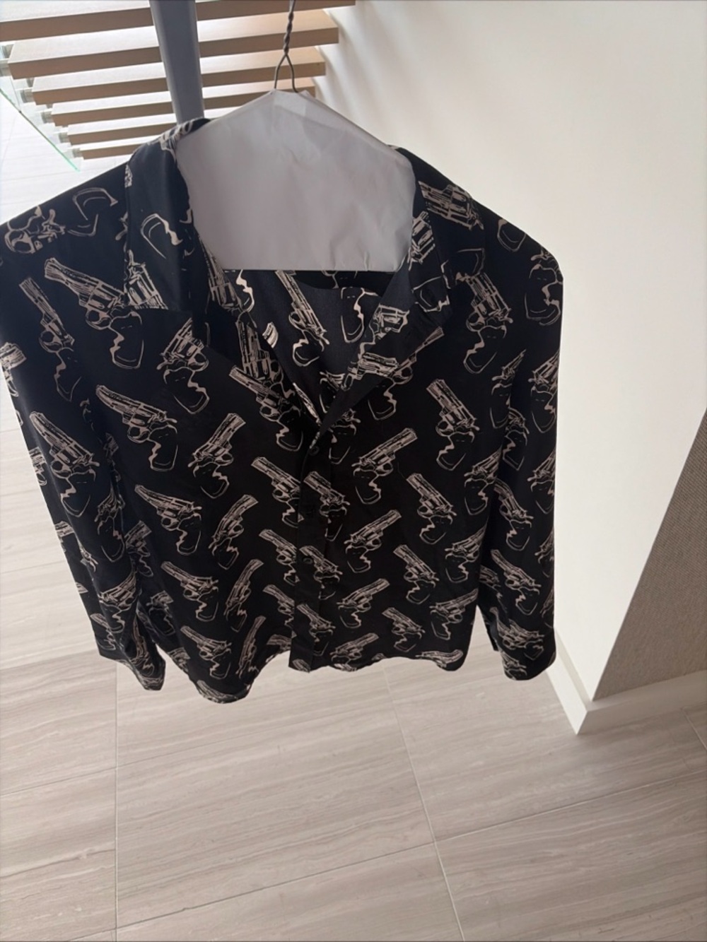 Saint Laurent SILK Black Button-Down Shirt with Ivory Revolver Print - Picture 2 of 9